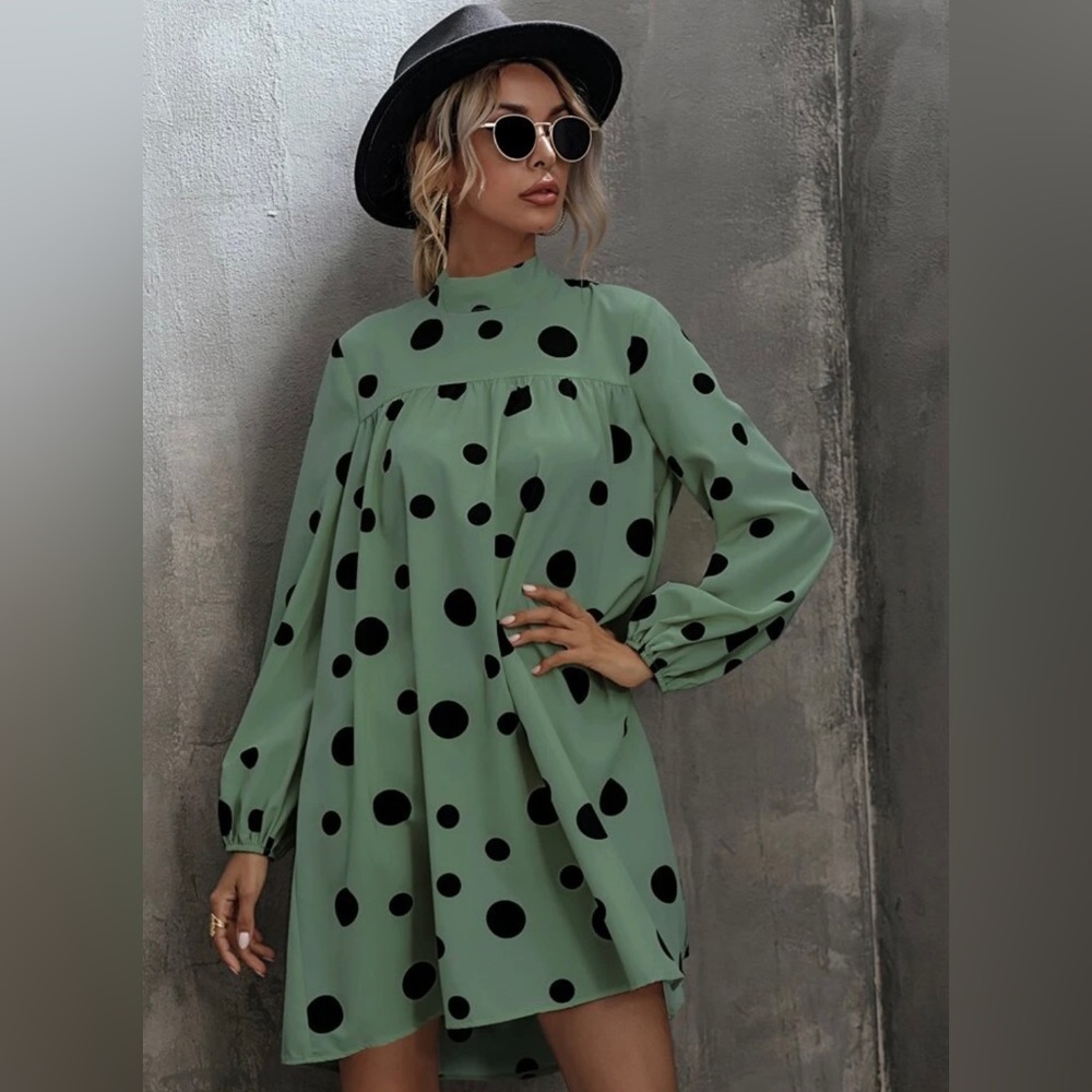 LUNE Polka Dot Tie Back Bishop Sleeve Babydoll Dress